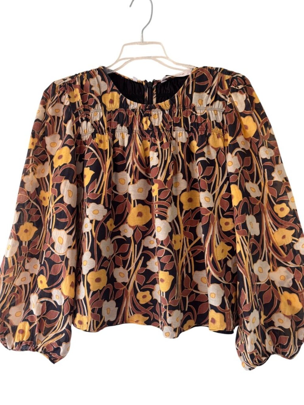Rebecca Taylor Daphne Fleur Floral Blouse Yellow & Brown Cotton Silk